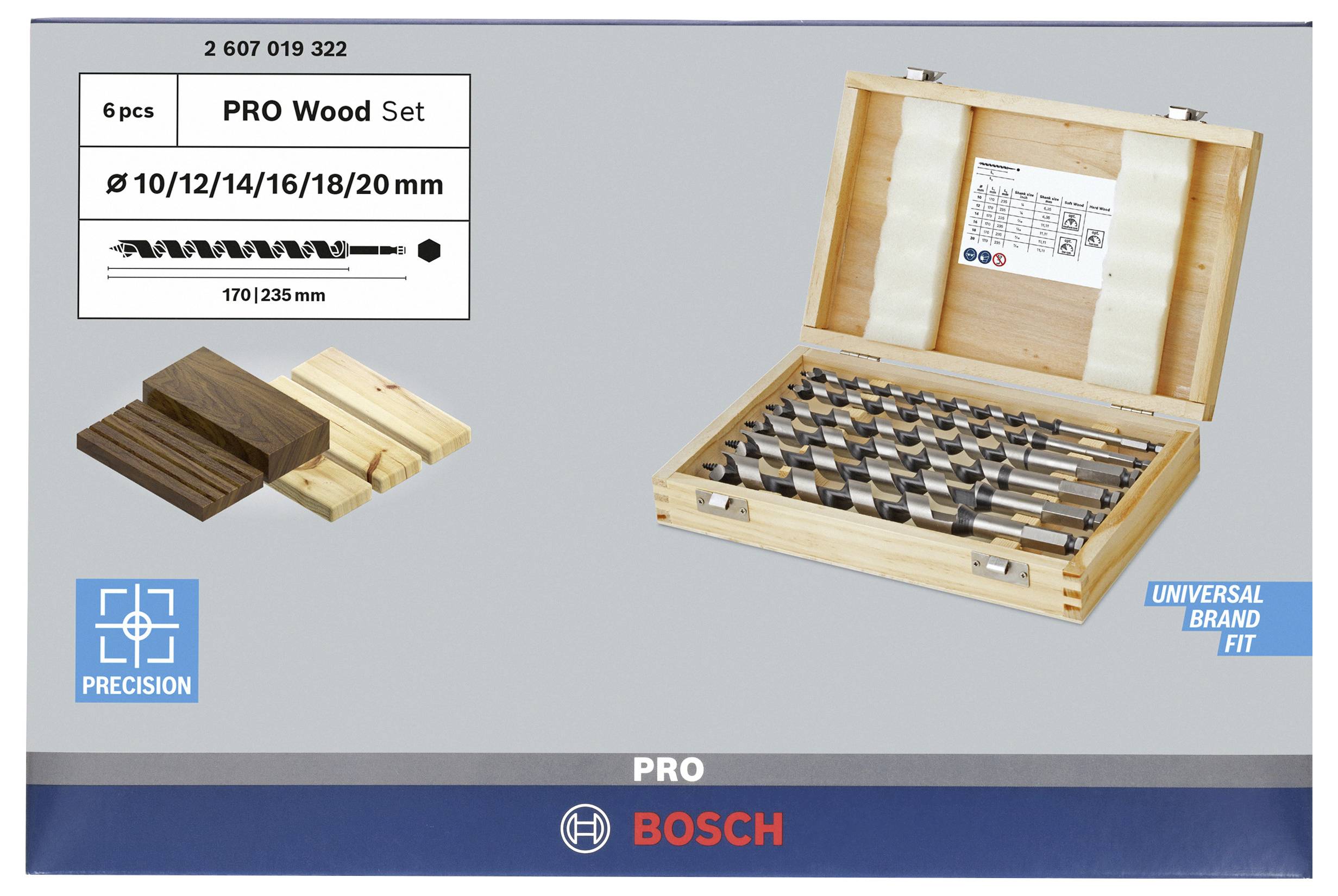 Bosch Accessories 2607019322 Schlangenbohrer-Set 6teilig 10 mm, 12 mm, 14 mm, 16 mm, 18 mm, 20mm Gesamtlänge 235mm