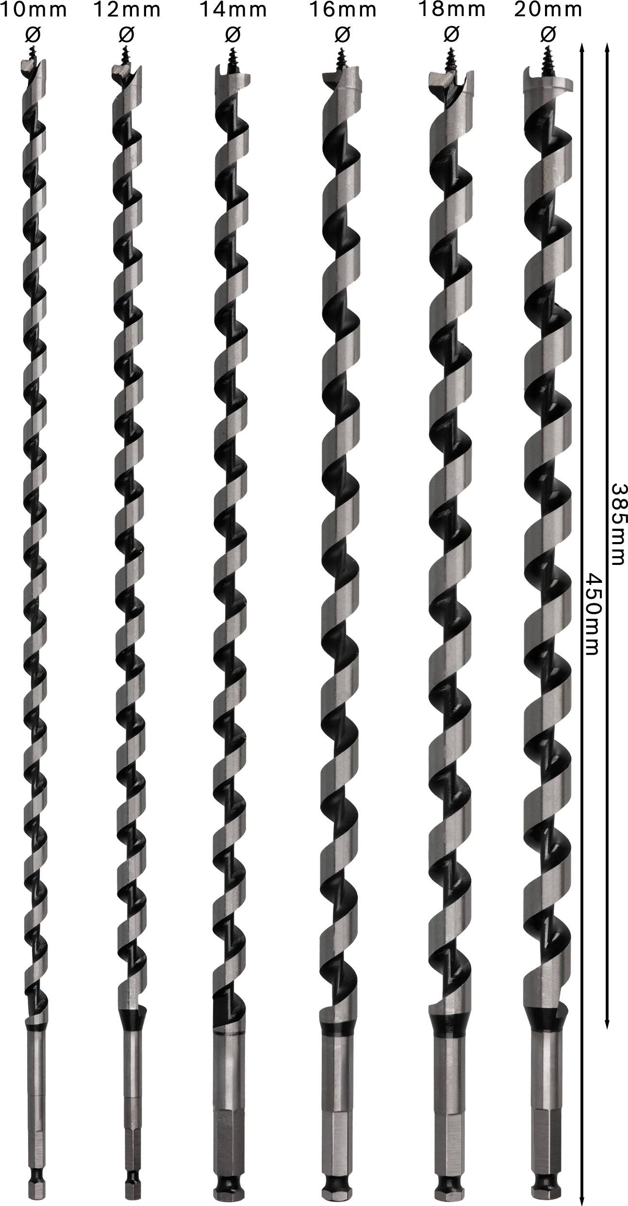 Acht Holzbohrer in verschiedenen Durchmessern von 10 mm bis 20 mm, mit Längen von 385 mm und 450 mm, nebeneinander angeordnet.