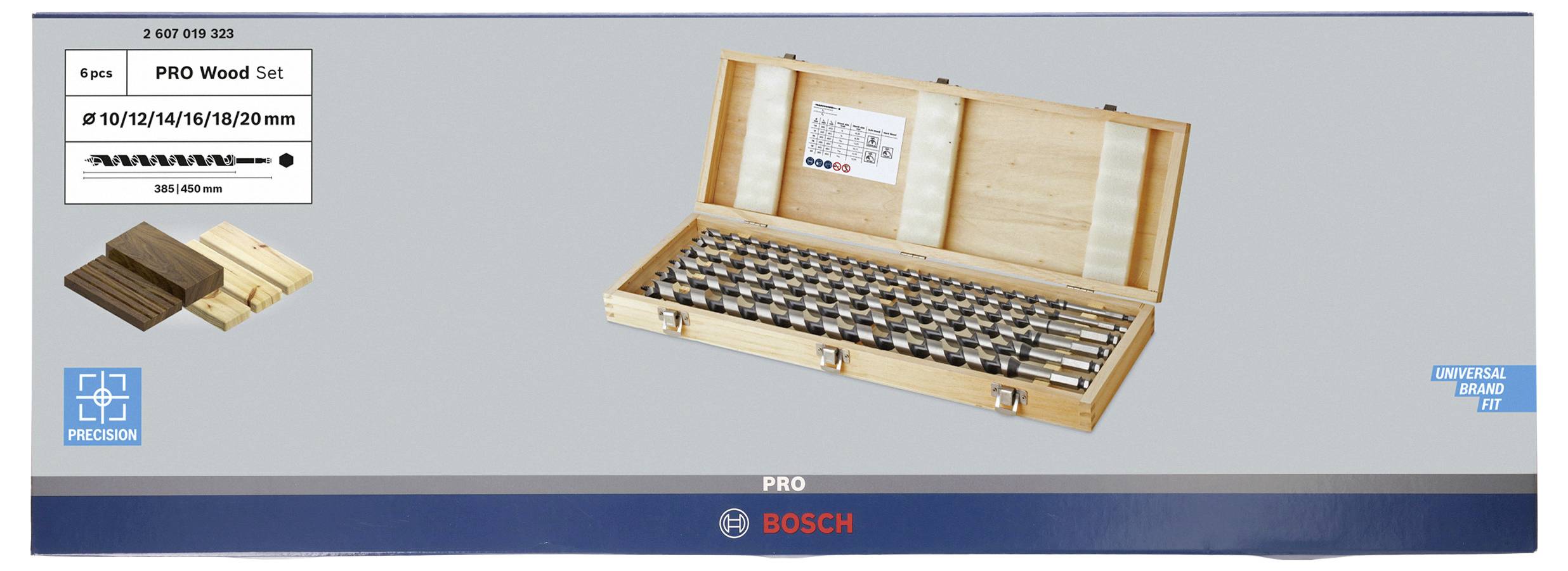 Holzbohrer-Set in Holzkiste mit 6 Bohrern, Durchmesser: 8 bis 20 mm. Markenname unten mittig, Produkt bietet Präzision.