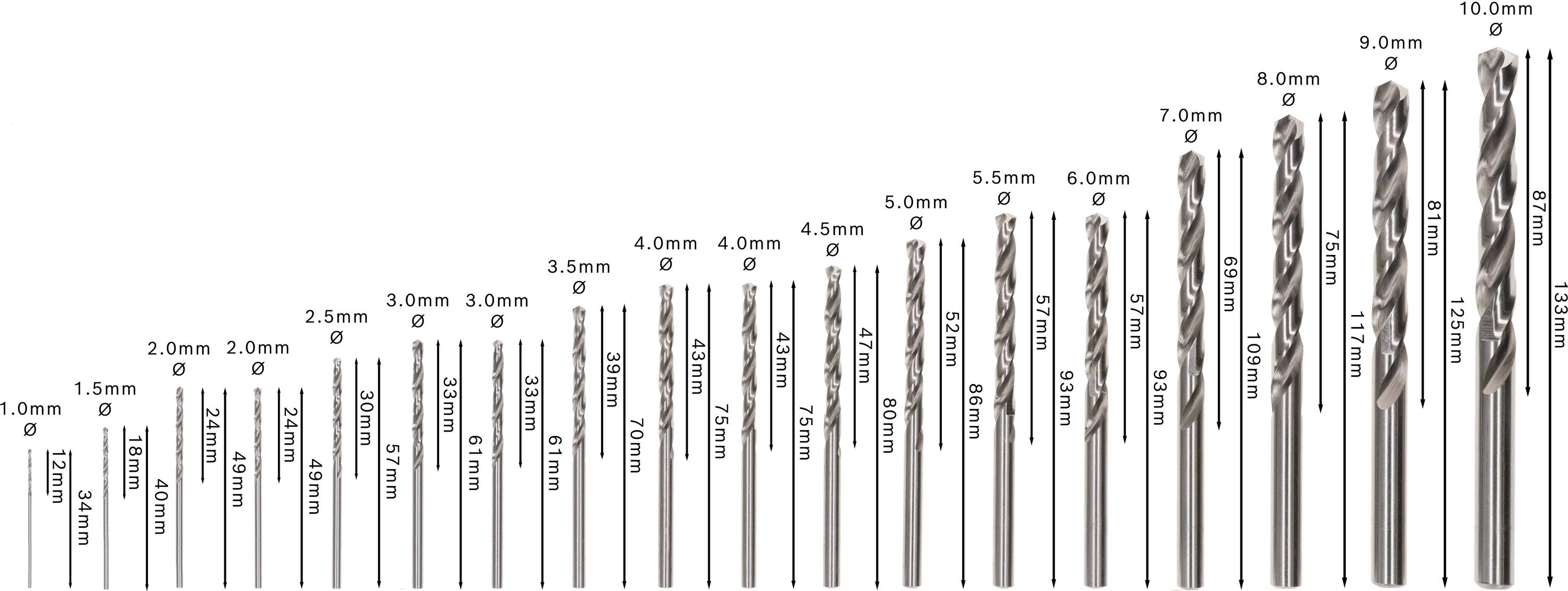Eine Reihe von Bohrern in ansteigender Größe von 1,5 mm bis 10 mm, geordnet von klein nach groß, auf einem weißen Hintergrund.