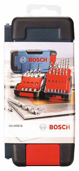 'Bosch' Bohrer-Set in roter Kunststoffbox mit schwarzem Deckel, integriertem Klappdeckel in weißer Verpackung, abgebildet auf Metalloberfläche.