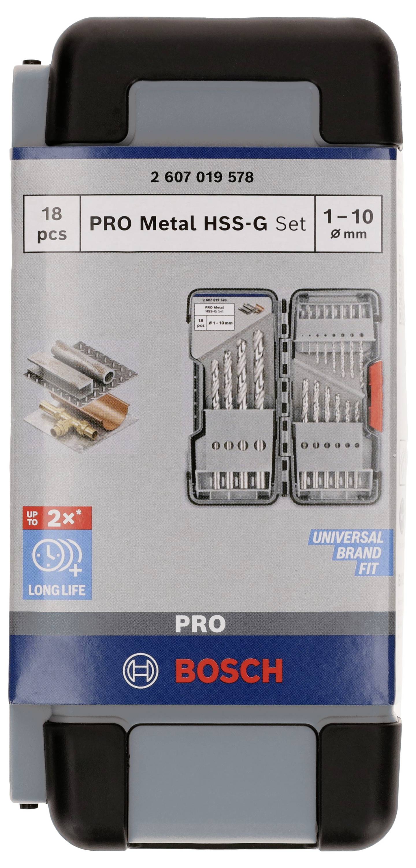 Bohrer-Set 'PRO Metal HSS-G' von Bosch, enthält 18 Teile für Metallbearbeitung, Größen 1-10 mm, in einem stabilen Etui verpackt.