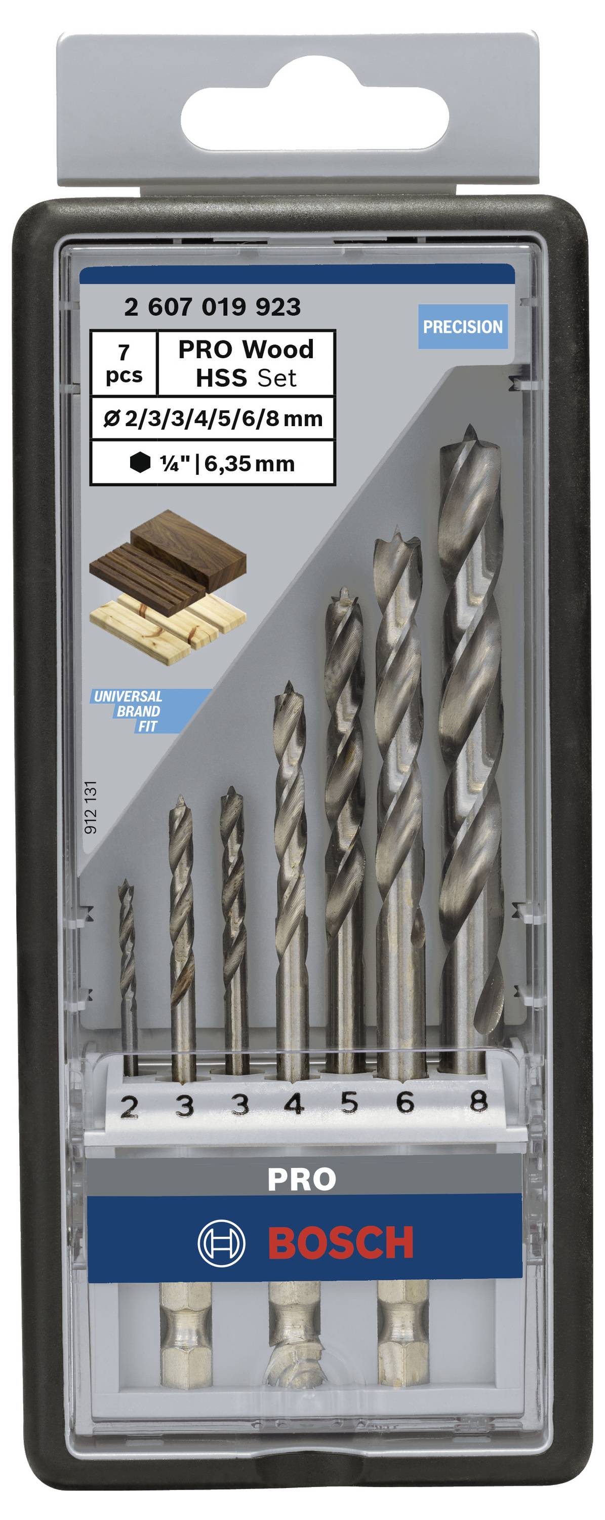 Bosch Accessories 2607019923 Holz-Spiralbohrer-Set 7teilig 2 mm, 3 mm, 3 mm, 4 mm, 5 mm, 6 mm, 8mm 1/4" (6.3 mm) 1 Set