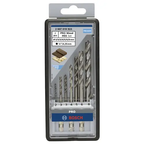 Bosch Accessories 2607019923 Holz-Spiralbohrer-Set 7teilig 2 mm, 3 mm, 3 mm, 4 mm, 5 mm, 6 mm, 8mm 1/4" (6.3 mm) 1 Set Bosch Accessories 2607019923 Holz-Spiralbohrer-Set 7teilig 2 mm, 3 mm, 3 mm, 4 mm, 5 mm, 6 mm, 8mm 1/4" (6.3 mm) 1 Set