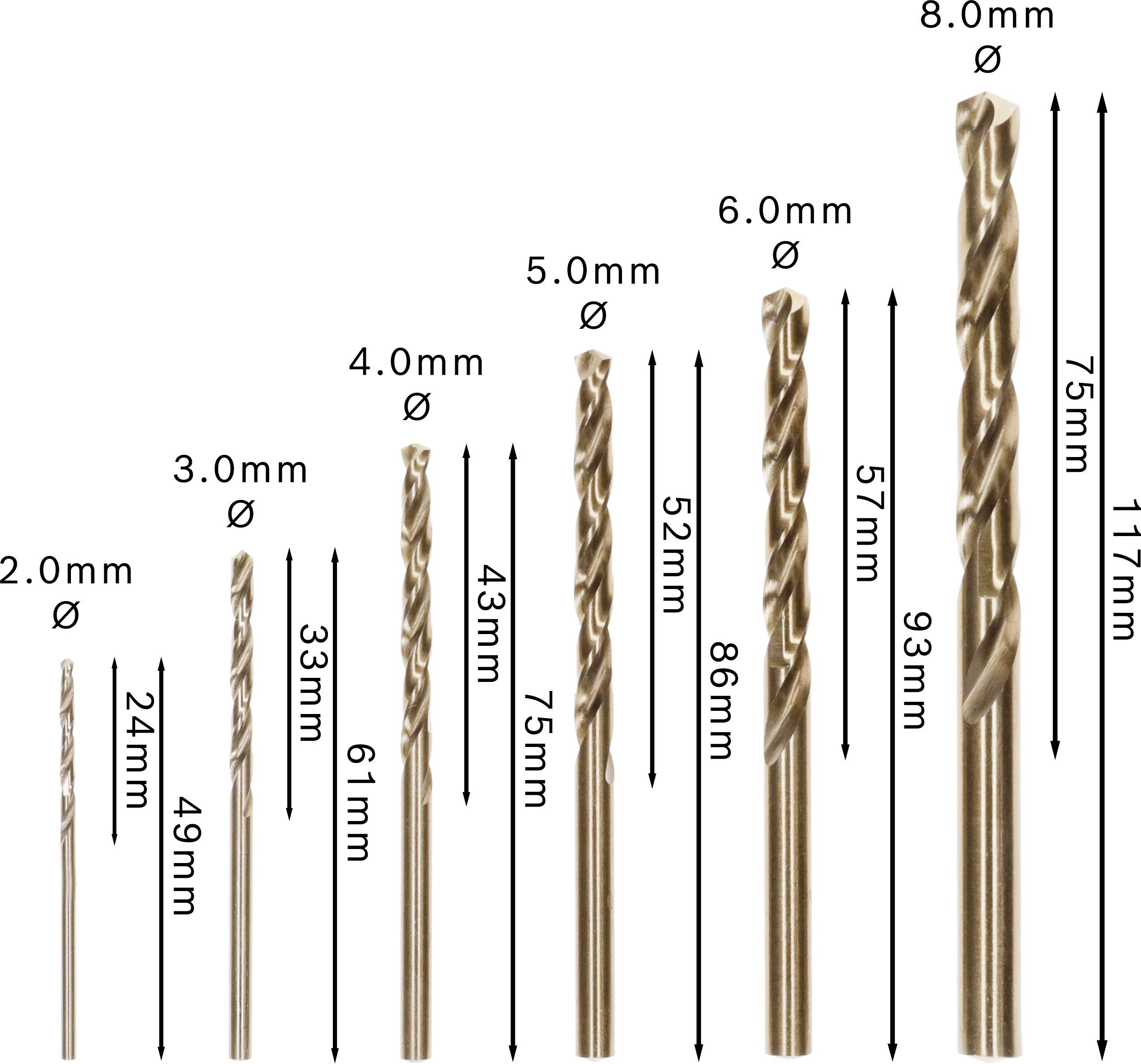 Bohrergrößenvergleich: 2,0 mm bis 8,0 mm Durchmesser, Längen von 24 mm bis 117 mm, geordnet nach steigender Größe von links nach rechts.
