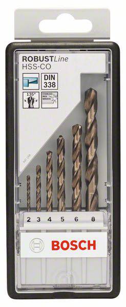 Satz Bohrer in verschiedenen Größen im Kunststoffetui. Label zeigt: 'ROBUSTLine HSS-CO', 'DIN 338', 'BOSCH'.