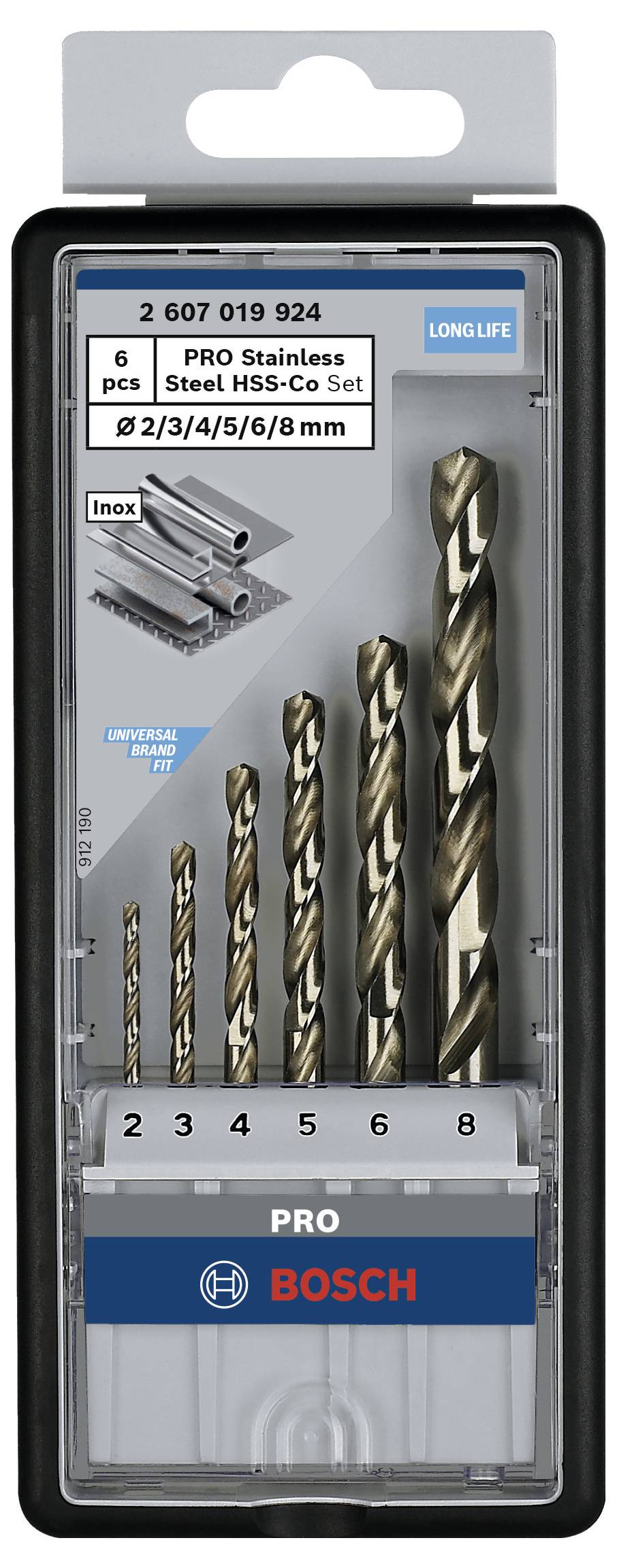 Bosch-Pro-Bohrerset für Edelstahl, 6-teilig, Größen 2-8 mm, HSS-Co, langlebig, in Kunststoffbox.