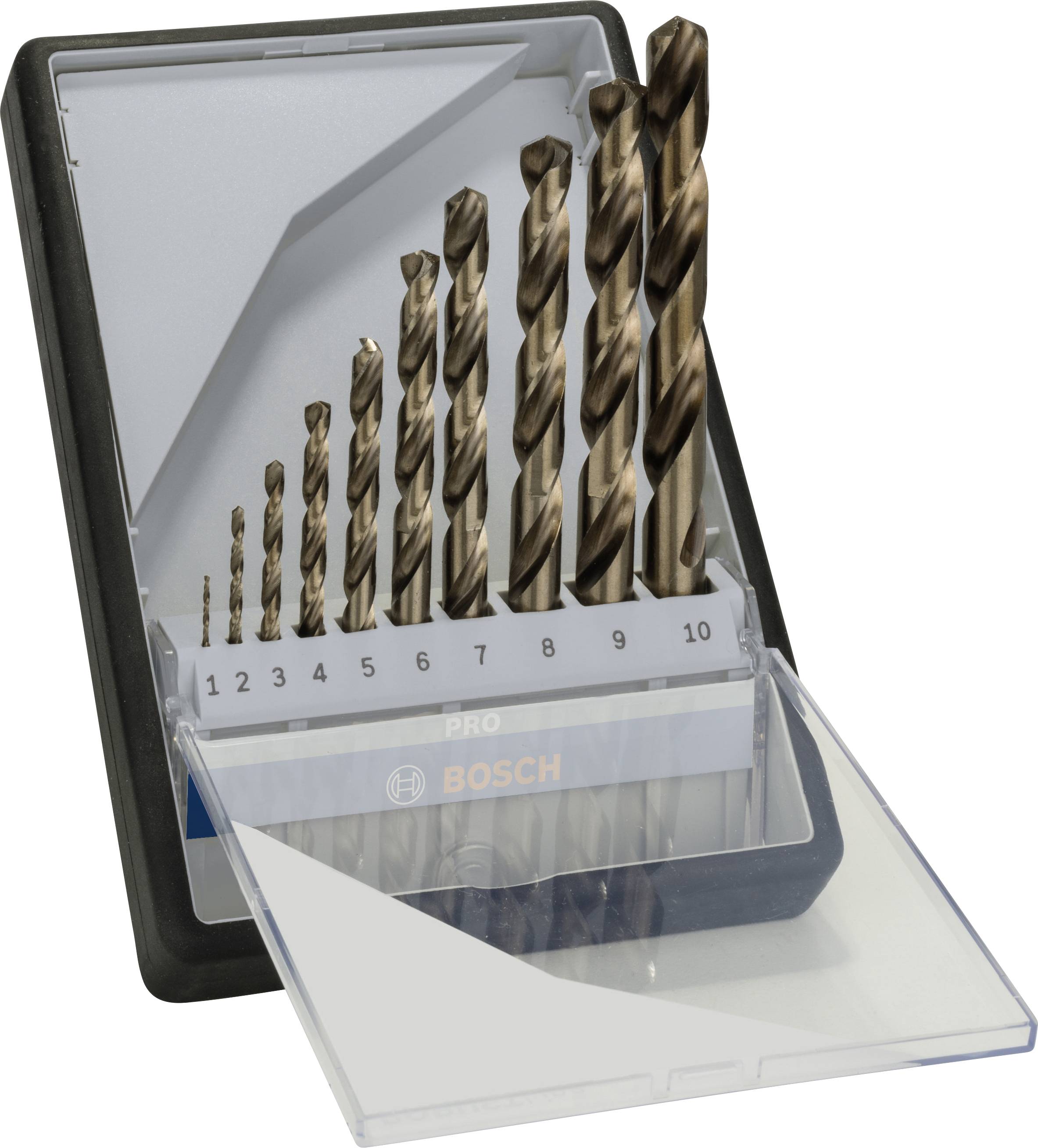 Ein Set von zehn Metallbohrern in verschiedenen Größen, ordentlich in einer aufklappbaren Kunststoffbox angeordnet und numerisch beschriftet.