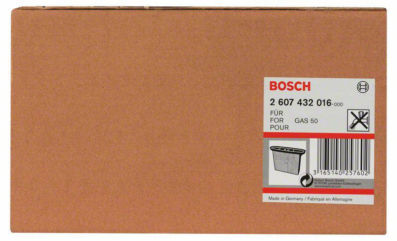 Brauner Bosch-Karton mit Aufkleber 'Bosch 2 607 432 016' und Bild eines Filters für GAS 50 Staubsauger. Made in Germany.