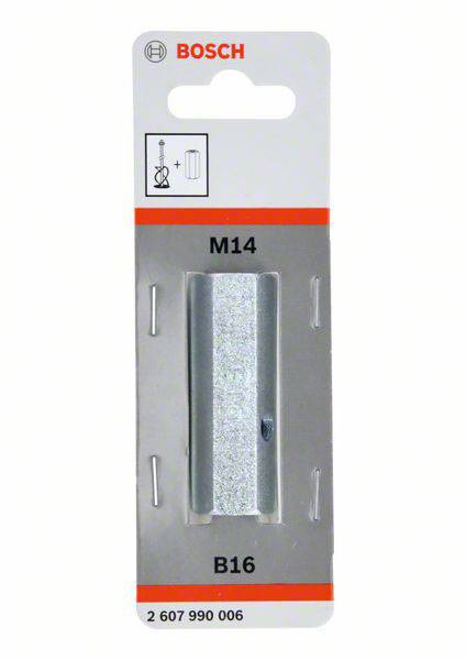 'Bosch Adapter M14 B16' auf grauem Karton. Wird zur Verbindung von Werkzeugen genutzt. Artikelnr. 2 607 990 006.