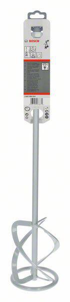 Ein silbernes Rührwerkzeug mit langer Stange und spiralförmiger Klinge. Oben ein Etikett mit Produktinformationen.