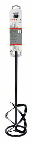 Ein schwarzer Rührstab mit spiralförmigen Enden, geeignet für das Mischen von Farben oder Mörtel. Verpackung zeigt 'Bosch'-Marke.