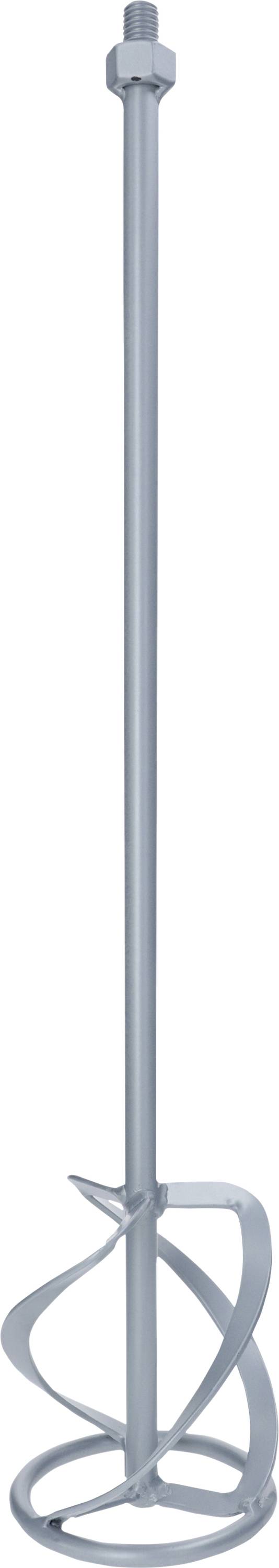 Ein silberner Rührquirl mit langer Stange und spiralförmigem Mischteil, geeignet für das Mischen von Flüssigkeiten oder Bauprodukten.