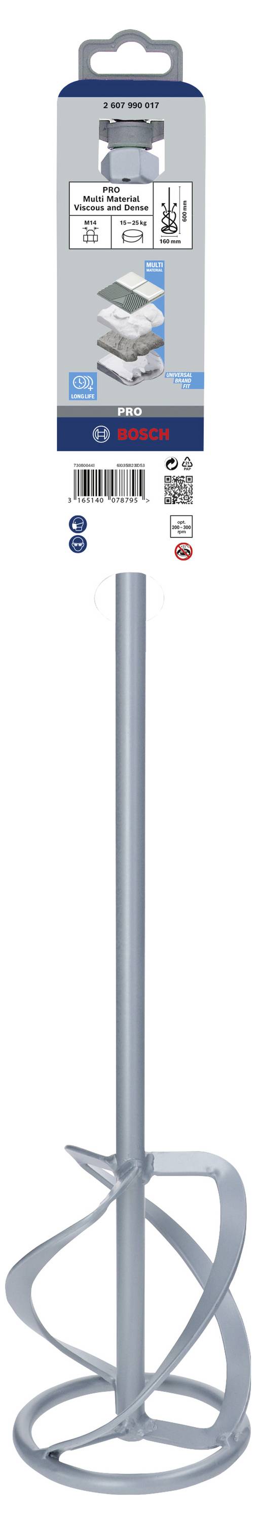 Ein silbernes Rührwerkzeug mit Verpackung. Geeignet für Mörtel und flüssige Materialien. Länge und technische Details auf dem Etikett.