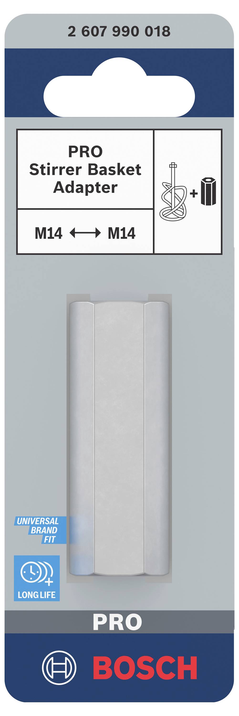 Bosch PRO Rührkorb-Adapter, Artikelnummer 2 607 990 018, M14-Gewinde. Verpackung zeigt Adapter und Rührkorb-Abbildung.