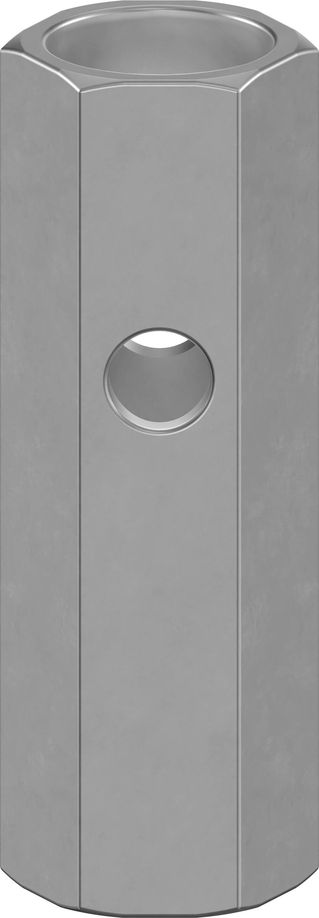 Ein sechseckiger Metallverbinder mit einer zentralen Öffnung, geeignet zum Befestigen von Schrauben oder Bolzen in technischen Anwendungen.