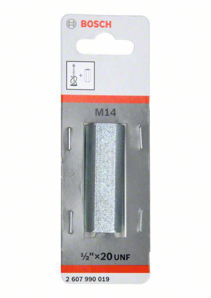 Verpackung eines Bosch-Adapters M14, verwendet für die Verbindung bei Werkzeugen. Enthält Abbildung und Beschriftung zur Anwendung.