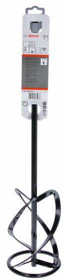 Ein schwarzer Farbmischer mit spiralförmiger Klinge und Griff oben, geeignet für den Gebrauch mit Bohrmaschinen. Verpackung zeigt Marke und Modell.