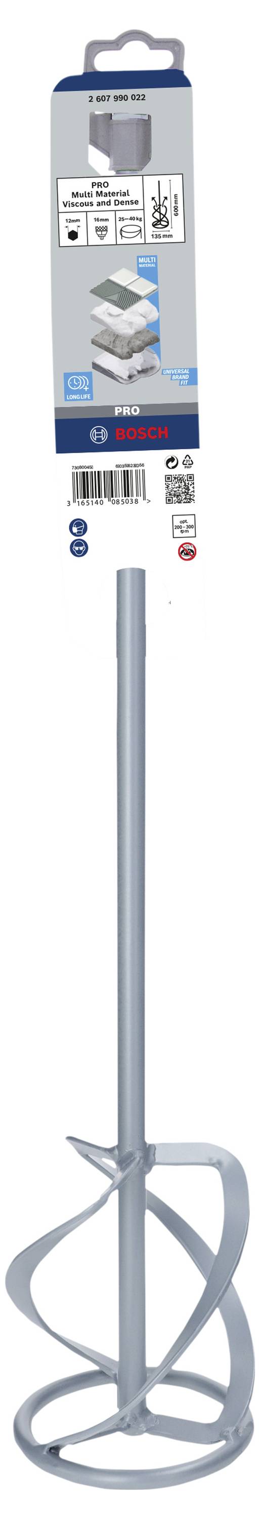 Ein langer, silberner Mischstab mit spiralförmiger Klinge, geeignet zum Mischen von Farben oder Putz in einem Eimer.