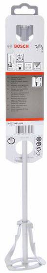 Abgebildet ist ein Bosch Rühreraufsatz mit Produktinformationen auf der Verpackung, ideal für das Mischen von Farben und Mörtel.