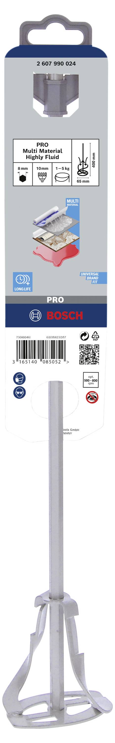 'Bosch Keramische Fliesenmasse' im Bild zeigen ein hellgraues Fliesenmischwerkzeug mit Verpackungsbeschreibung und Grafikdetails.