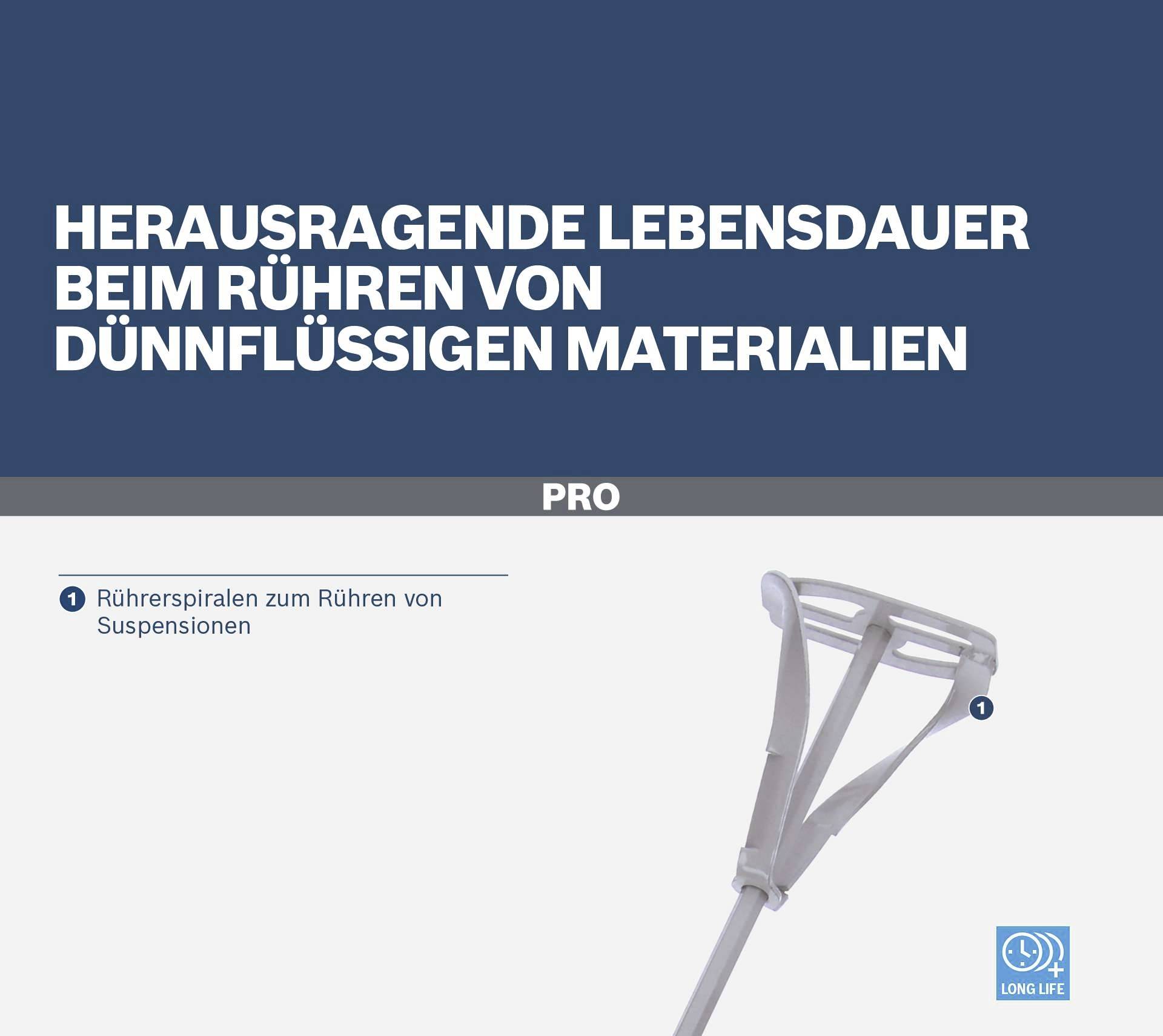 'Hervorragende Lebensdauer beim Rühren von dünnflüssigen Materialien' steht über einem Bild eines Rührwerks mit Rührspiralen.