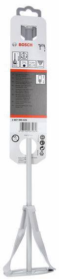 'Bosch' Zementmischer-Aufsatz in weißer Verpackung mit Produktdetails, Symbole für Rührfunktion und Kompatibilität mit Elektrowerkzeugen.