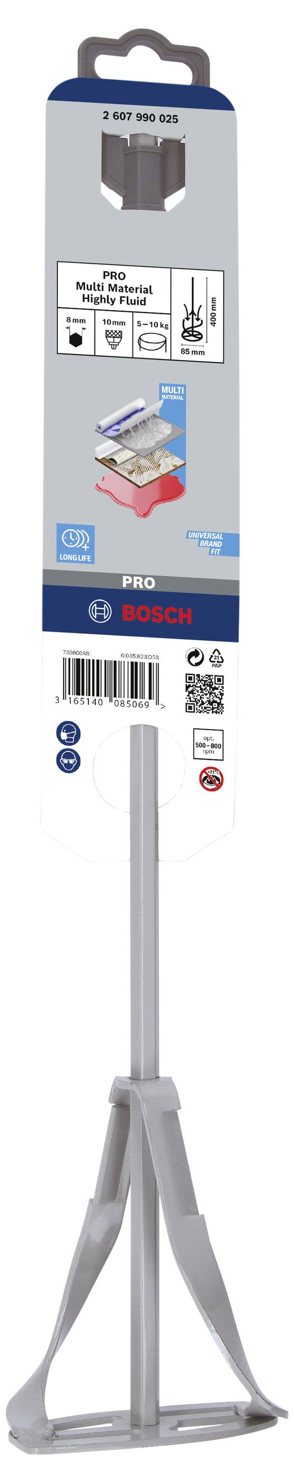 Ein silberner Mörtelrührstab der Marke Bosch, geeignet zur Mischung dicker Materialien. Verpackung zeigt Produktinformationen und Logos.
