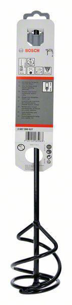 Rührstab von Bosch für Bohrmaschinen, geeignet zum Mischen von Farben und Materialien. Verpackung zeigt Anwendungssymbole.