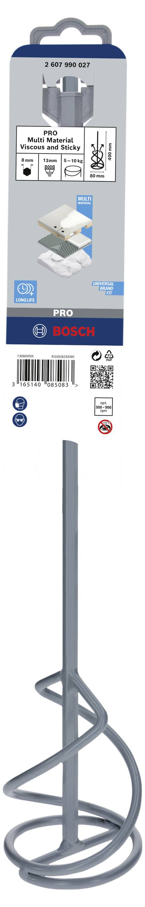 Bosch-Mörtelrührer, geeignet für Fliesenmörtel und Gips, mit 10-mm-Sechskantschaft. Verpackung zeigt Anwendungen und technische Details.