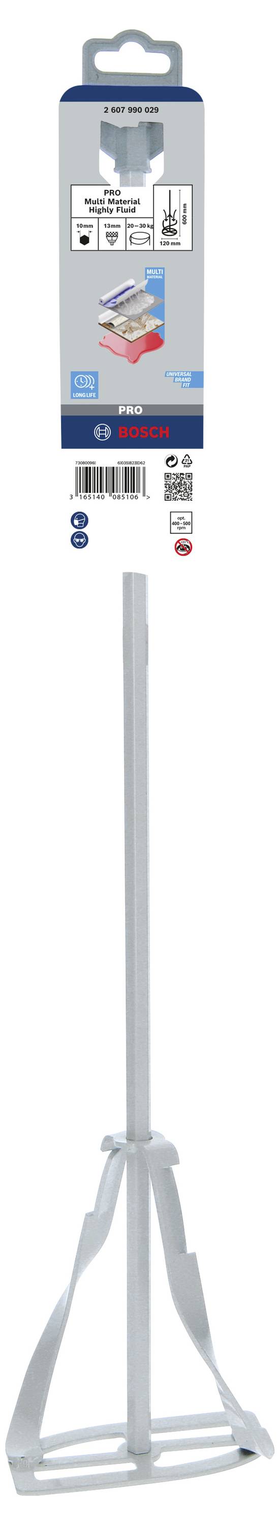 Ein weißer Rührstab für Bohrmaschinen mit Aufhänger. Geeignet für Farben und Mörtel. Verpackung zeigt Produktdetails und Anwendungsbeispiele.