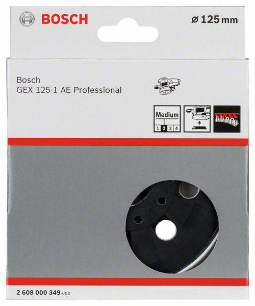 Verpackung für Bosch GEX 125-1 AE Professional Schleifscheiben, mittlere Körnung, Durchmesser 125 mm, mit vier Schleifscheiben abgebildet.