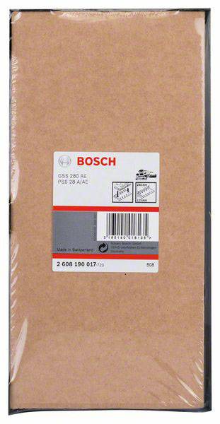 Verpackung von Bosch Schleifblättern, GSS 280 AE und PSS 28 A/AE kompatibel. Enthält eine Barcodenummer und Herstellungsort Schweiz.