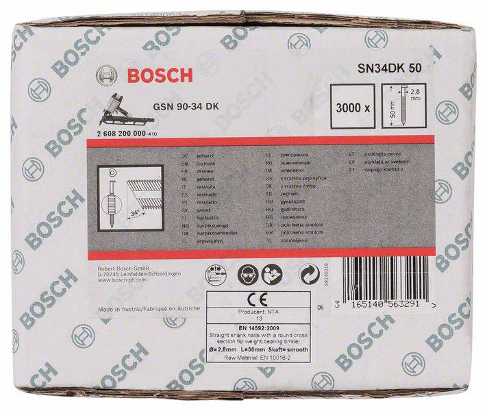 Eine Verpackung von Bosch Nägeln, Modell GSN 90-34 DK, 3000 Stück à 34 Grad. Maße: 90 mm Länge, 3,1 mm Durchmesser. Made in Australien.