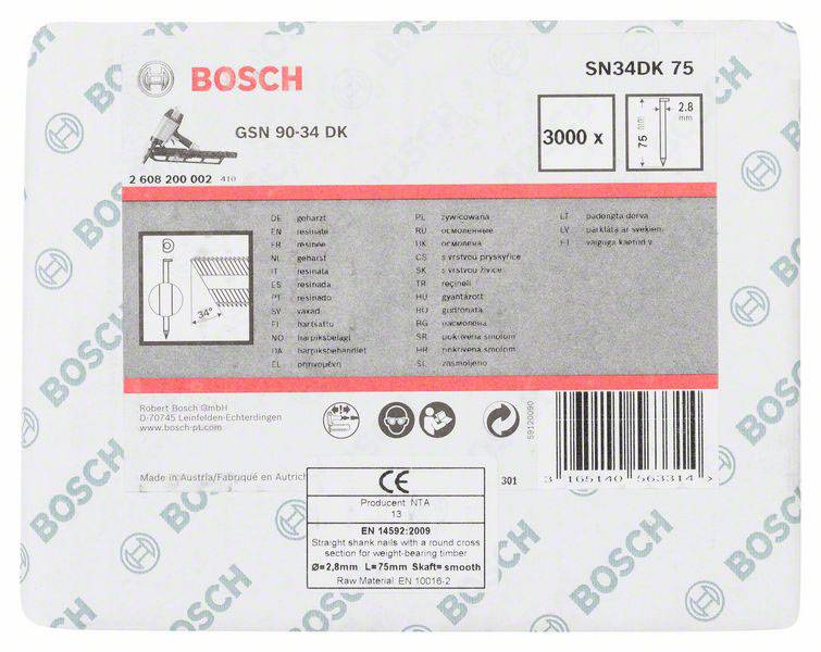 Bosch Etikett für Nägel: Modell GSN 90-34 DK, 3000 Stück, Längen 75-90 mm. Enthält Spezifikationen und Symbolhinweise.