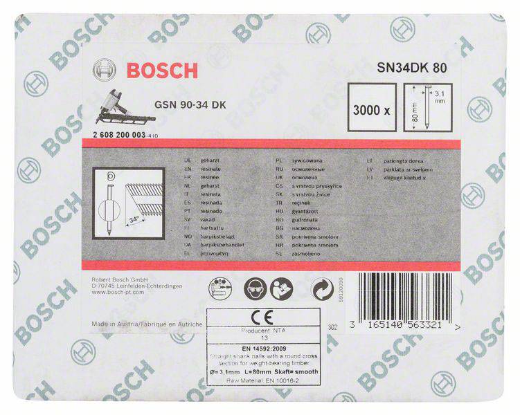 Etikett auf Bosch-Produktverpackung; enthält Produktcode 'GSN 90-34 DK', technische Details, Barcode und Herstellerinfos.