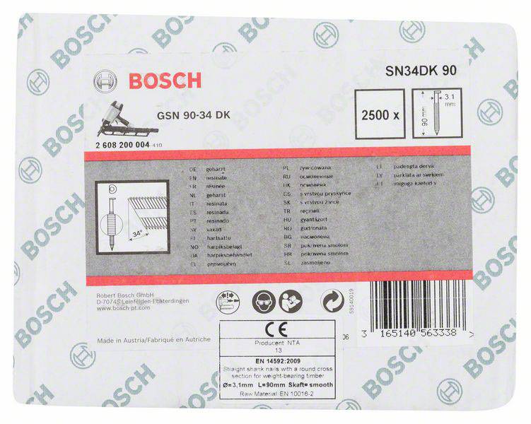 Etikett einer Bosch SN34DK 90 Nagelpackung mit technischen Spezifikationen: 2500 Nägel, GSN 90-34. Barcode und Herstellerinformationen sichtbar.