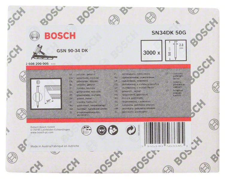 Verpackung mit Bosch-Logo, Typ SN34DK 50G. Enthält Diagramm mit Maßen und Details für 3000 Stück Nägel, Modell GSN 90-34 DK.