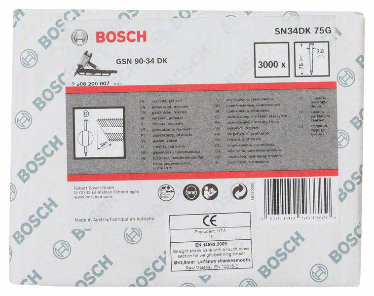 Bosch-Verpackung für Nägel, Modell SN34DK 75G, enthält 3000 Stück. Abbildung zeigt Abmessungen und technische Details.