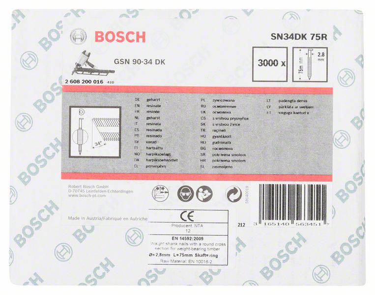 Etikett mit 'BOSCH'-Logo, Produktnummer SN34DK 75R, und Tabelle für Nagellänge, Kopfart und Füllmenge. Enthält Sicherheitshinweise.