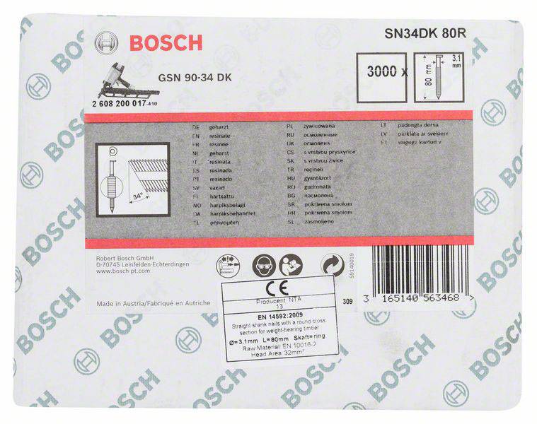'Bosch SN34DK 80R' Etikett auf Verpackung, zeigt Modellnummer, technische Details und Sicherheitsinformationen. Made in Austria.