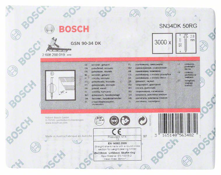 Verpackung für Bosch Sägeblätter, Modell SN34DK 50RG. Enthält technische Details und Codes. Markierung '3000 X'. Made in Austria.