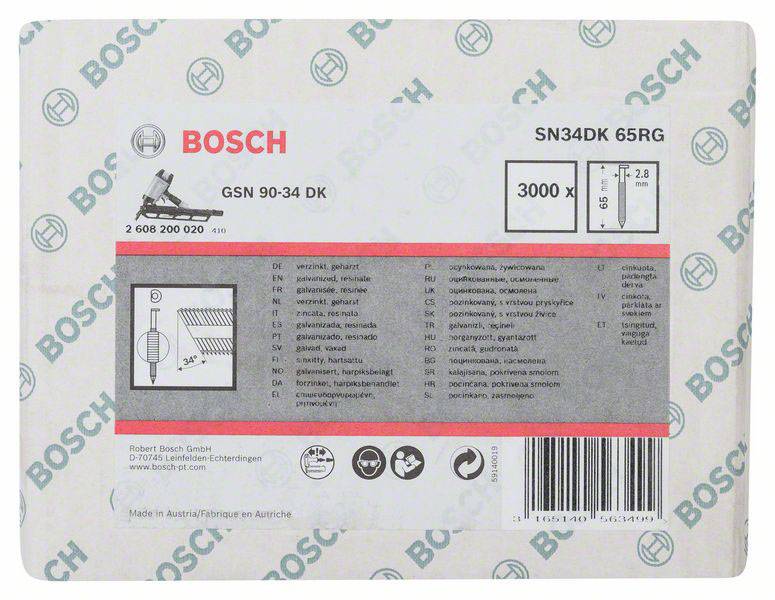 'Bosch SN34DK 65RG' Verpackung mit technischen Spezifikationen, 3000 Stifte, detaillierte Anwendungshinweise, Hergestellt in Österreich.