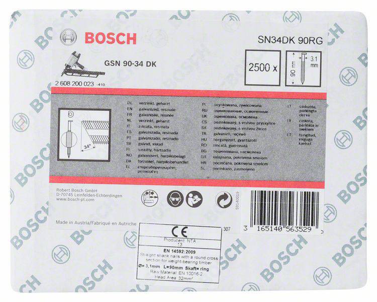 'Bosch SN34DK 90RG' Etikett mit technischen Spezifikationen: 2500 Stück, L: 90 mm, F: 3,1 mm, für Nagelgeräte geeignet.