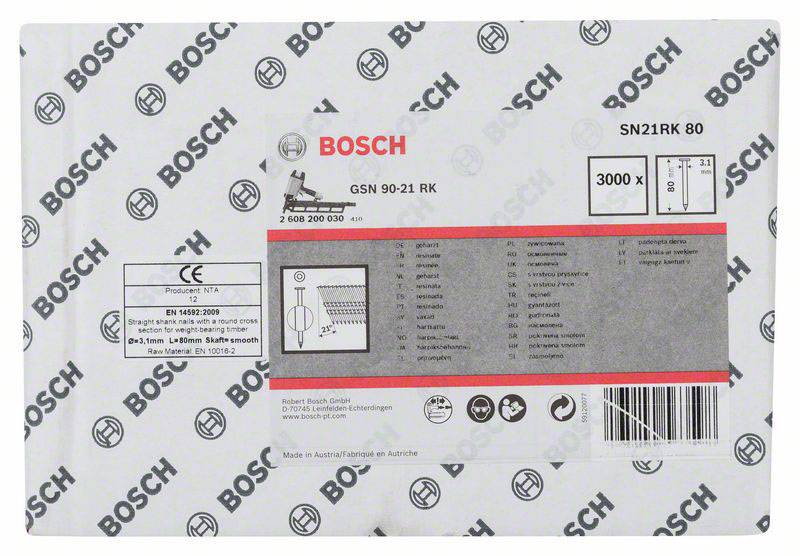 'Bosch' Nagelpistolen-Nägel, Modell SN21RK 80, 3000 Stück. Verpackung mit technischen Spezifikationen und Herstellerinformationen.