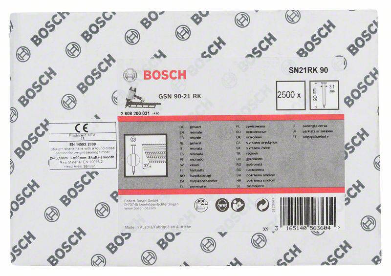 Verpackung für Bosch Sägeblätter, Modell SN21RK 90, mit Produktdetails und Barcode. Enthält technische Informationen und Anwendungsbereich.