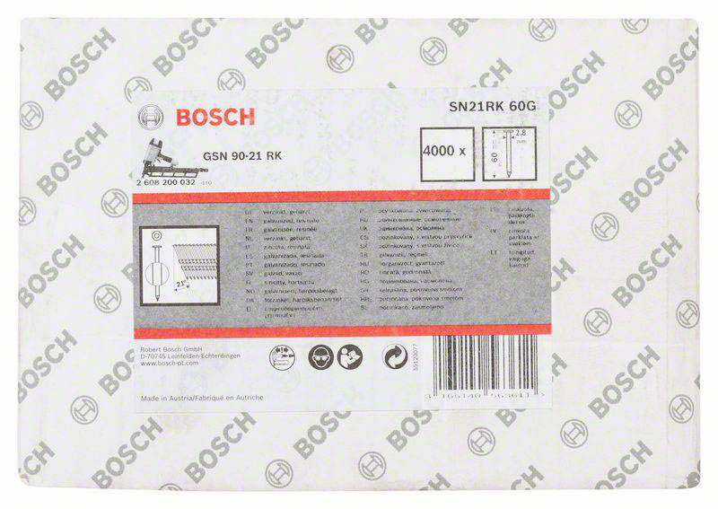 'Bosch GSN 90-21 RK' Nägelverpackung. Zeigt Markenlogo, Produktspezifikationen und Seriennummer. Enthält 4000 Nägel.