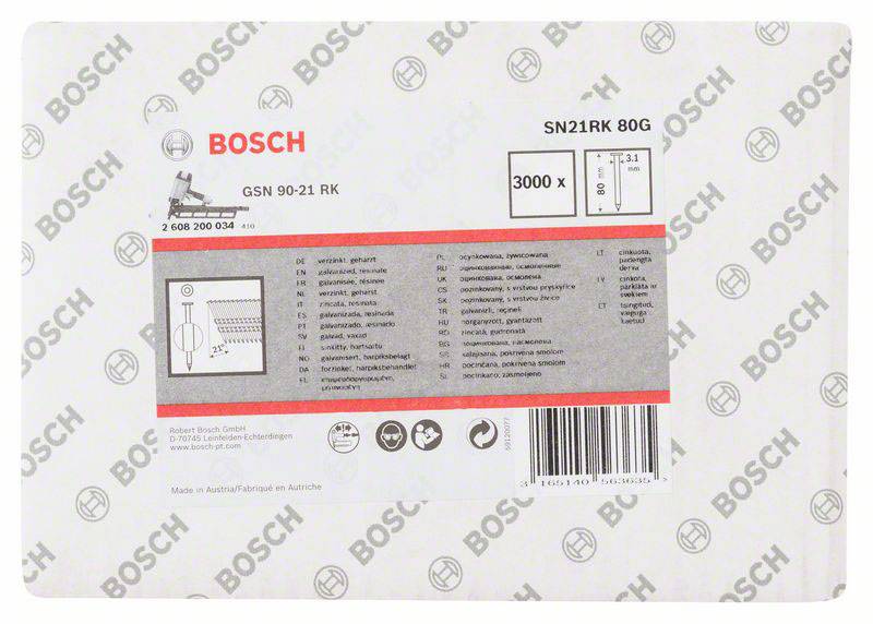 'Bosch'-Verpackung zeigt Grafiken und technische Details eines Geschirrspülers, Modell GSN 90-21 RK, Kapazität: 3000 W.