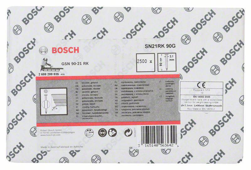 Verpackungsetikett mit dem Logo und Namen der Firma Bosch. Produktinformationen: Typ 'SN21RK', Menge '90G', Linie 'GSN 90-21 RK', 2500 Stück. CE- und Warnhinweise vorhanden.
