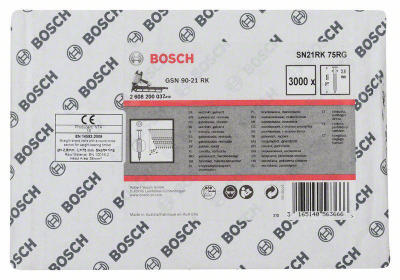 Verpackung für Bosch-Nägel, Modell GSN 90-21 RK, 3000 Stück, mit technischen Details und Anwendungen aufgedruckt.